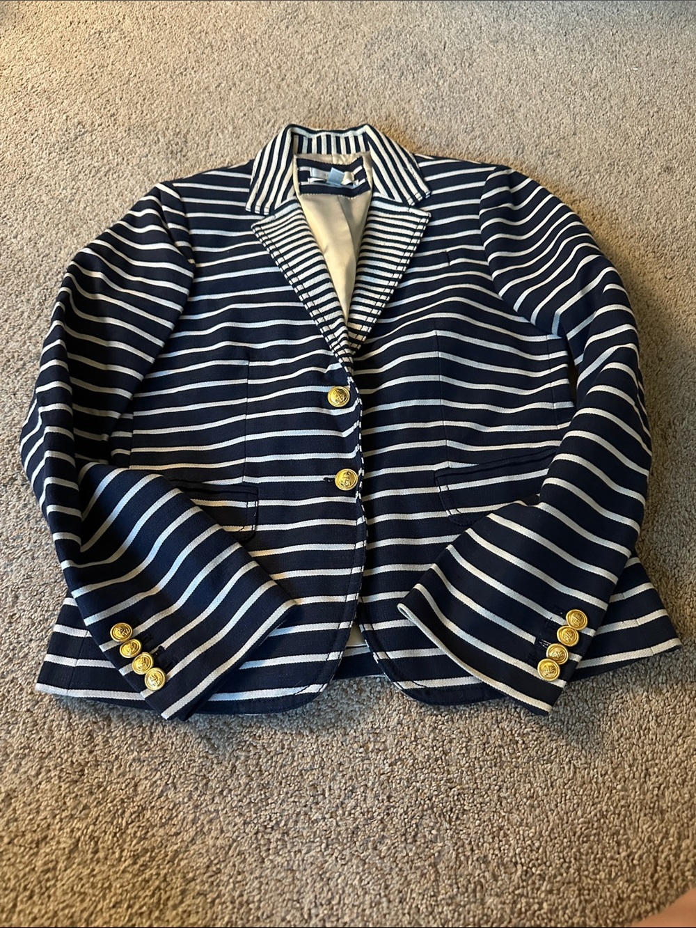 J. Crew Navy and White Striped Blazer with Gold Buttons